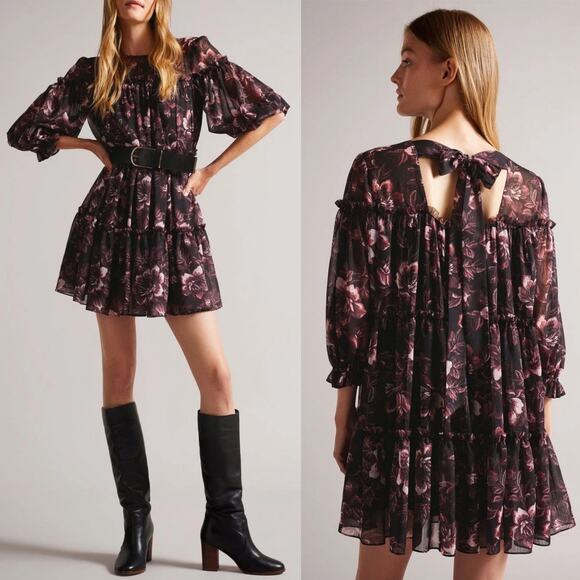 Ted Baker Barnabe Tie Open Back Floral Tiered Mini Swing Dress Black sz 5 12 NWT - Picture 1 of 13
